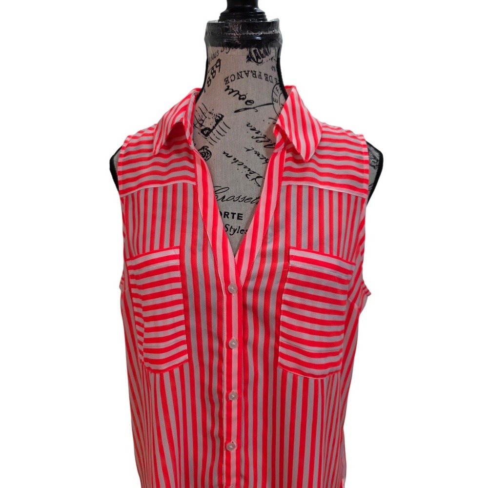 EXPRESS Top L Neon Coral Pink White Striped Sleeveless Button Up Y2K Preppy